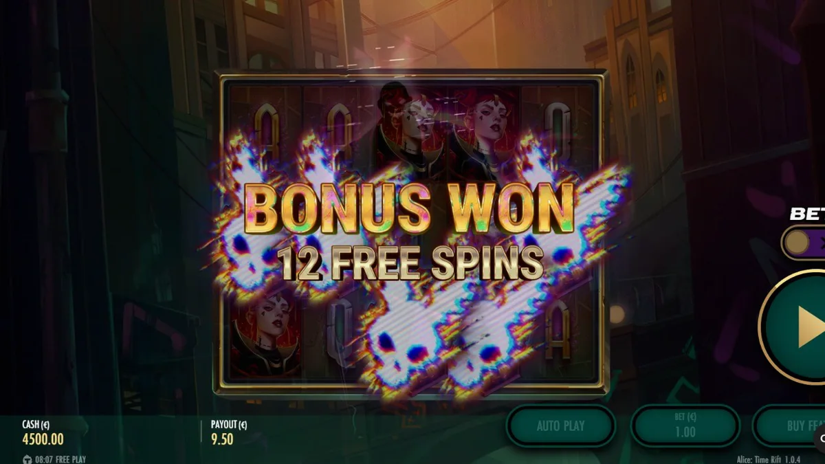 Pemandangan steampunk gelap dari slot Alice: Time Rift dengan elemen jam dan karakter ikonik